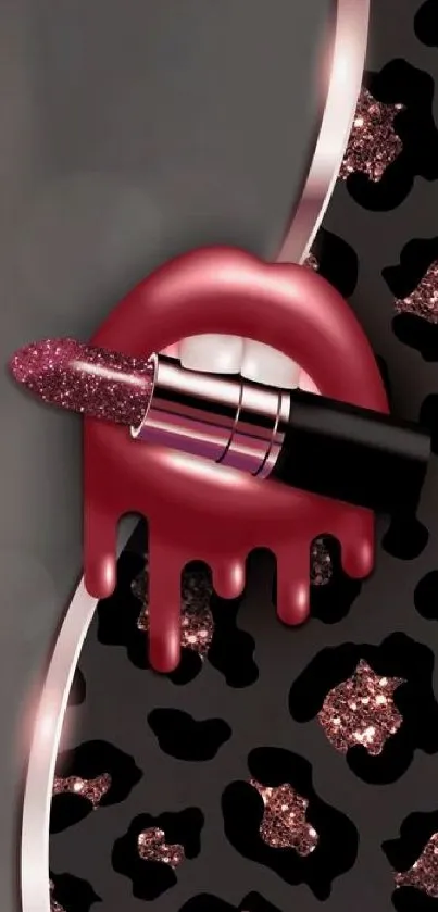 Lipstick art with glitter and leopard pattern in chic wallpaper design.