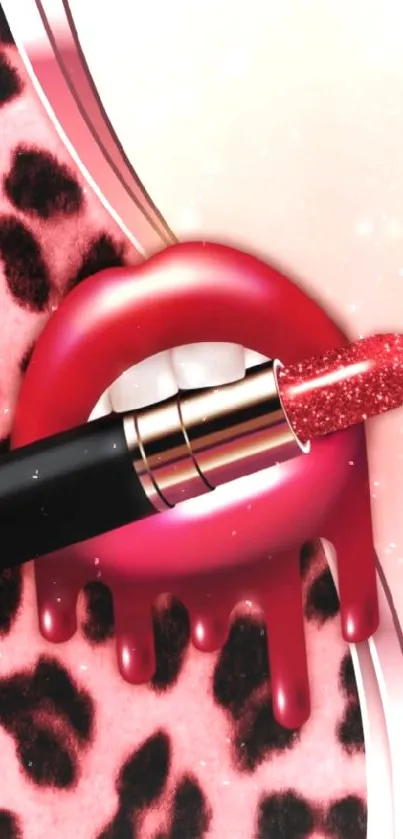 Glamorous lipstick with leopard print and pink background.