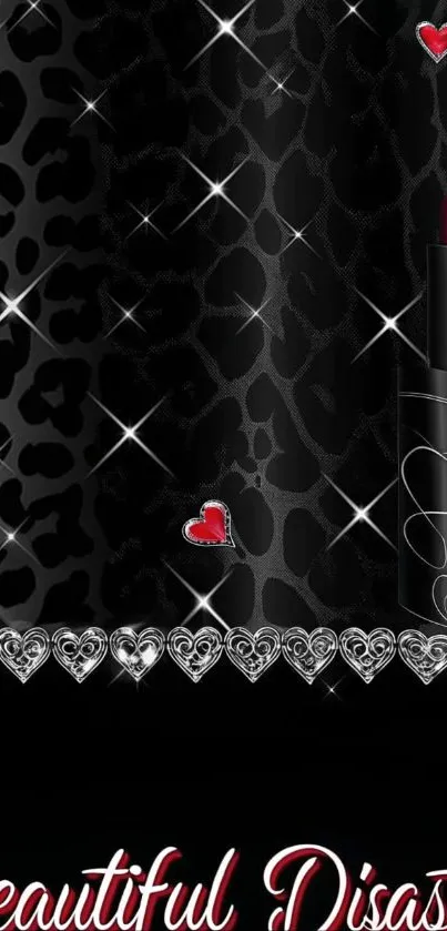 Glamorous lipstick and leopard print wallpaper with hearts.