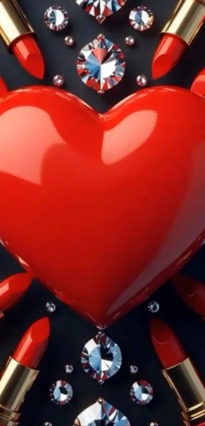 Red heart with lipsticks and gems on dark background.