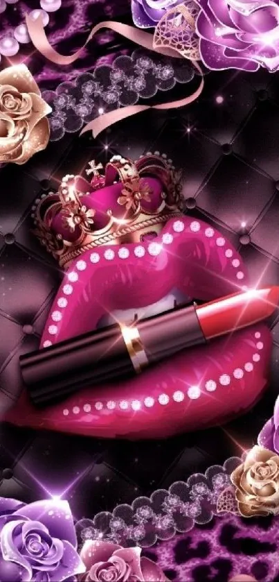 Glamorous purple lipstick and roses wallpaper design.