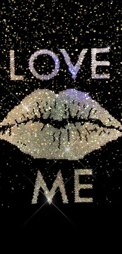 Glamorous Love Me wallpaper with sparkling lips on black background.