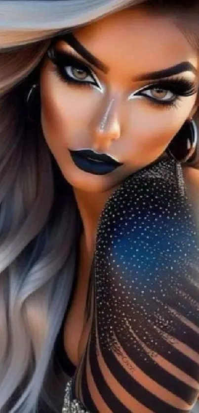 Glamorous woman with bold makeup and silver accents.