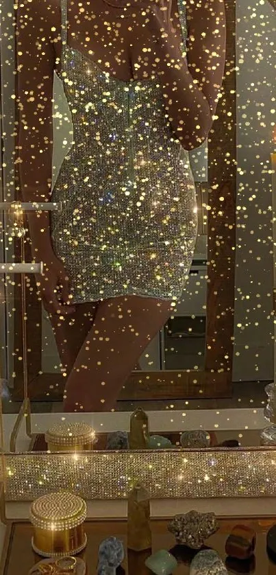 A sparkling dress reflected in a mirror with candles and jewelry in view.