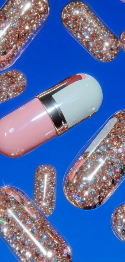 Glittering pills on a bold blue background