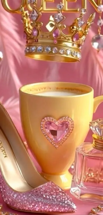 Luxurious mobile wallpaper with crown, pink shoe, and gold cup.