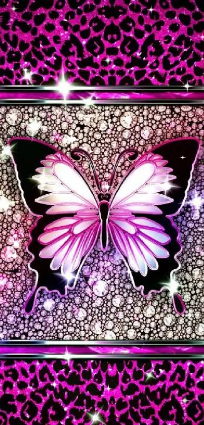 Pink butterfly wallpaper with sparkles and leopard print details.