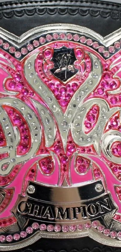 Glamorous pink championship belt with sparkling gems.