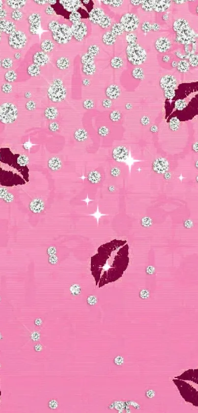 Glamorous pink wallpaper with crystals and kisses.