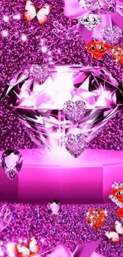 Pink diamond wallpaper with hearts and butterflies.