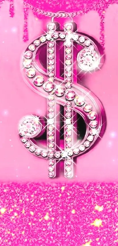 Sparkling pink wallpaper with a rhinestone dollar sign.