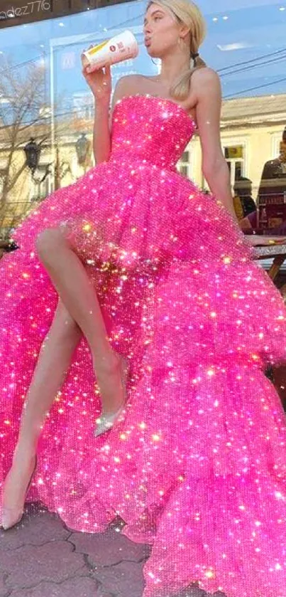 Woman in sparkling pink dress holding a drink outdoors.