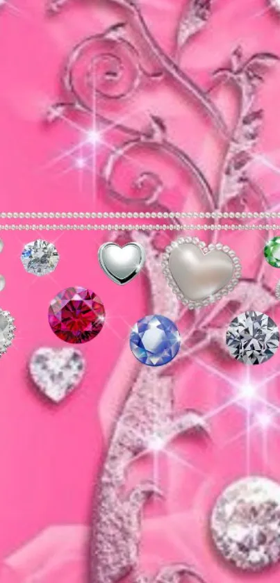 Glamorous pink wallpaper with hearts and gemstones, perfect for mobile phones.