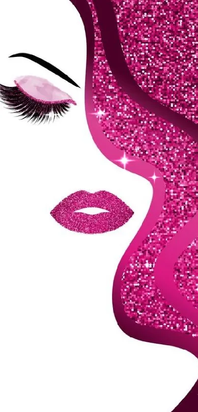 Pink glitter art with abstract female face design on wallpaper.