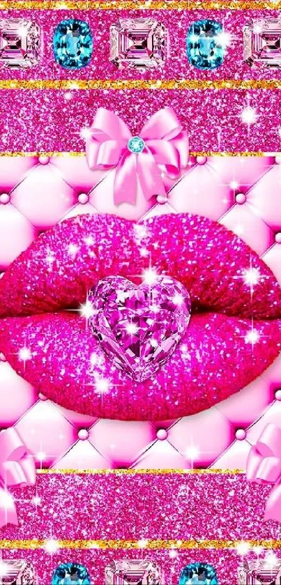 Glamorous pink glitter wallpaper with sparkling lips and gemstones.