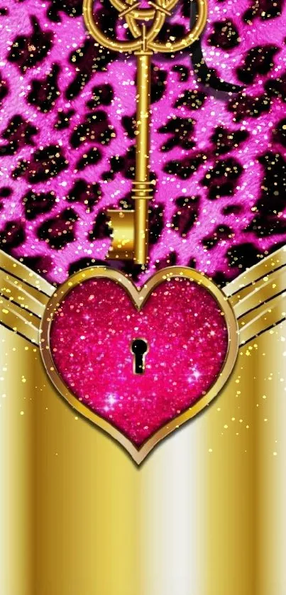 Vibrant wallpaper with pink leopard print, glittery heart lock, and golden key.