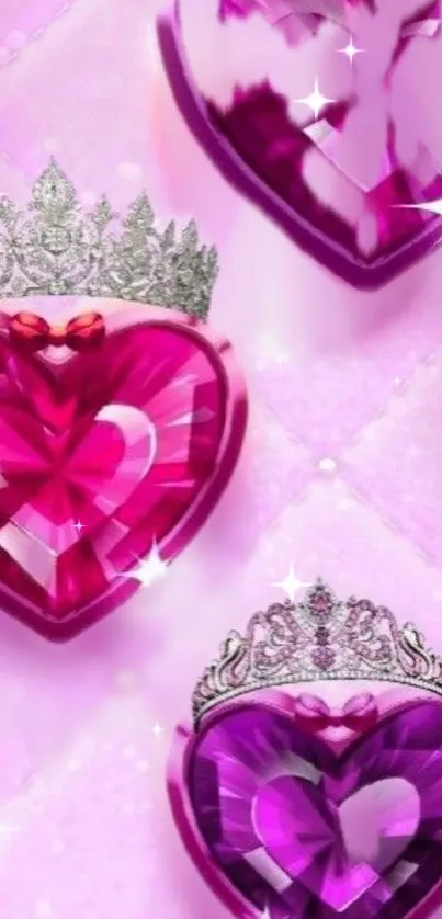 Glamorous pink heart wallpaper with crowns and sparkling gemstones.