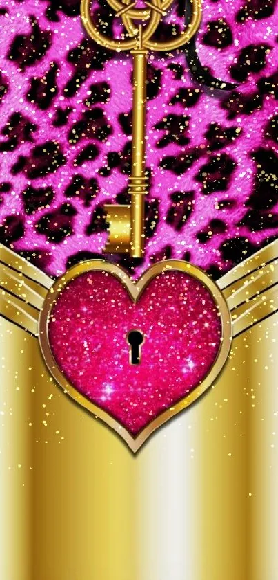 Mobile wallpaper featuring a pink heart with a golden key and leopard print background.