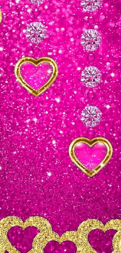 Glamorous pink wallpaper with hearts and gold glitter accents.
