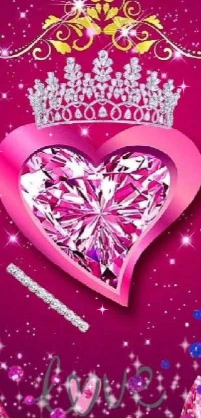 Glamorous pink wallpaper with heart, crown, and diamond accents.