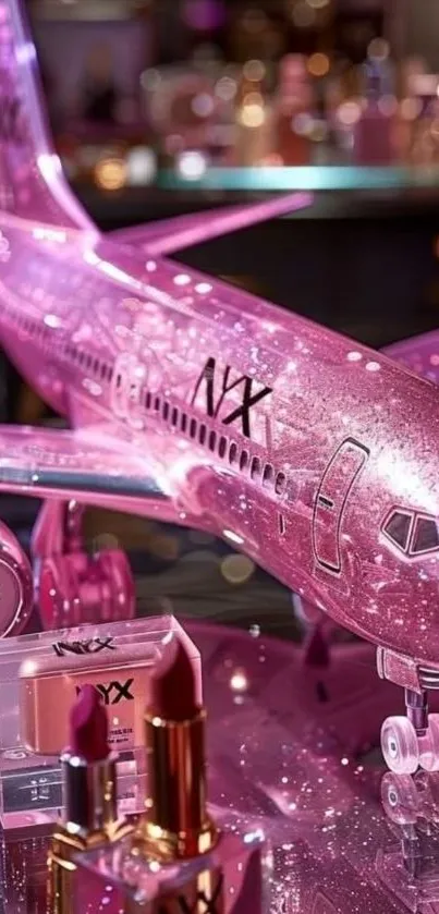 Glittering pink airplane model with cosmetics.
