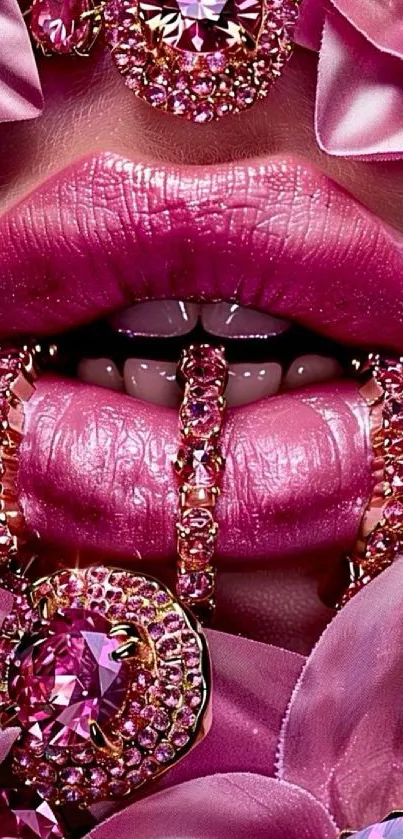 Pink lips surrounded by jewels and pink flowers.