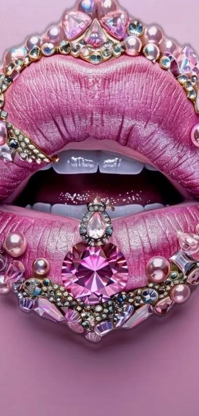 Glamorous pink lips decorated with jewels in a stylish wallpaper design.