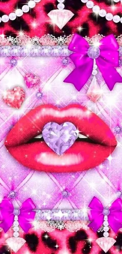 Glamorous pink and purple wallpaper with lips and sparkling diamonds.