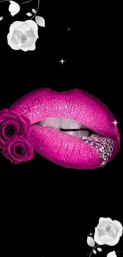 Glamorous pink lips with roses and floral accents on black background.