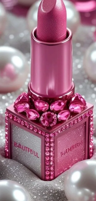 Pink lipstick surrounded by pearls.