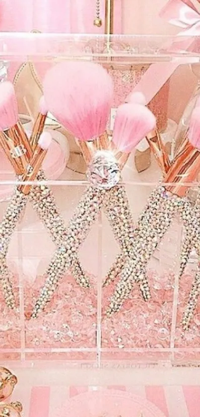 Pink glamorous makeup brushes with rhinestones in a stylish setting.