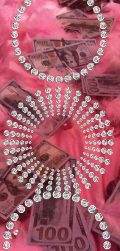 Pink background with diamonds and US dollars.