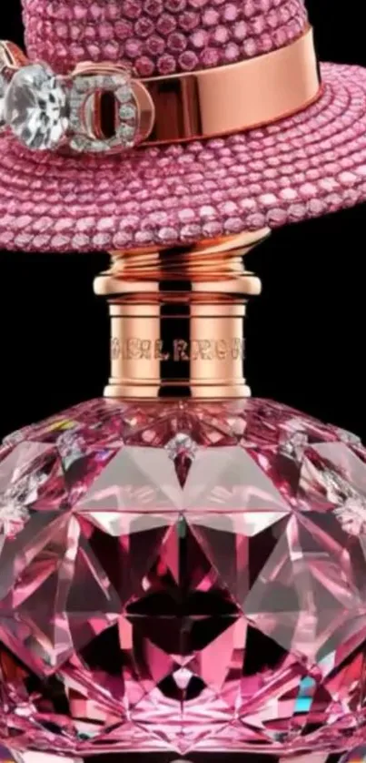 Pink crystal perfume bottle topped with a decorative hat.