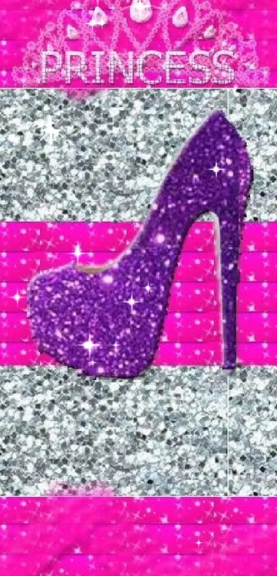 Vibrant pink wallpaper with glittery high heel design.