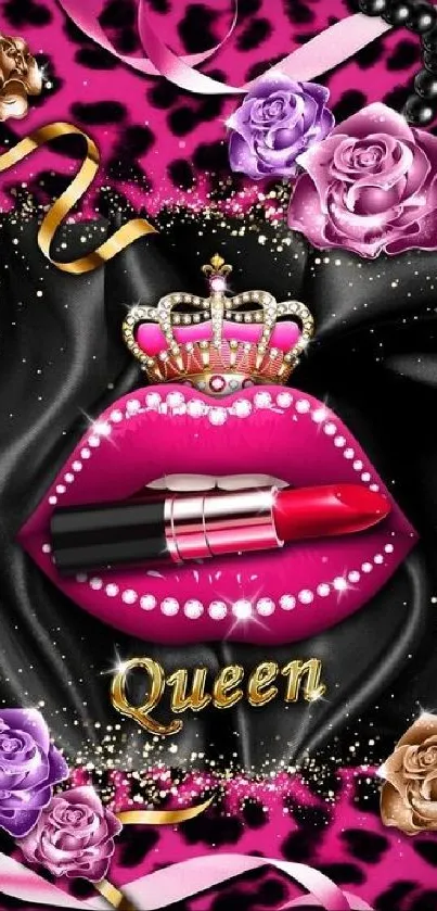 Glamorous pink wallpaper with lipstick and floral designs.