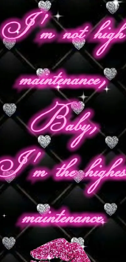 Glamorous pink neon text wallpaper with glittering hearts.