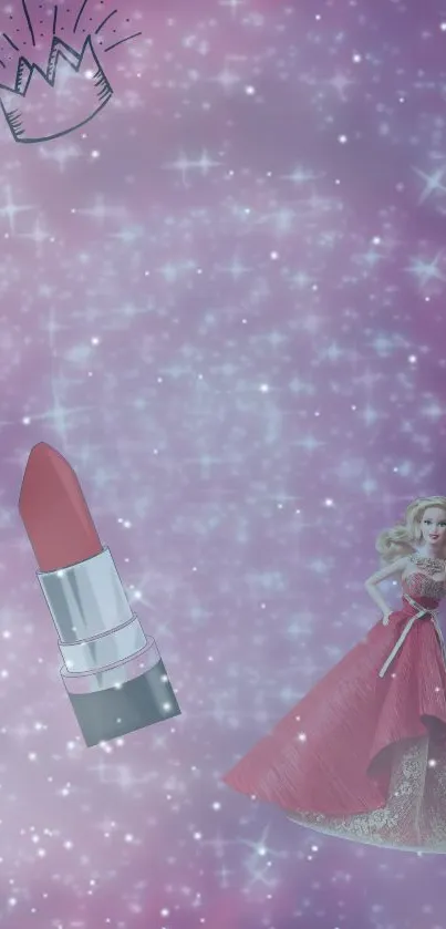 Pink glamour wallpaper with doll and lipstick, sparkling stars.