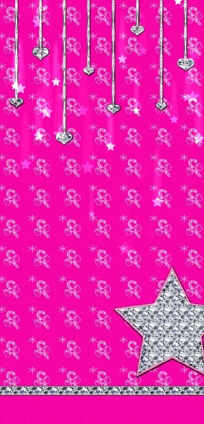 Pink wallpaper with silver star and heart charms.