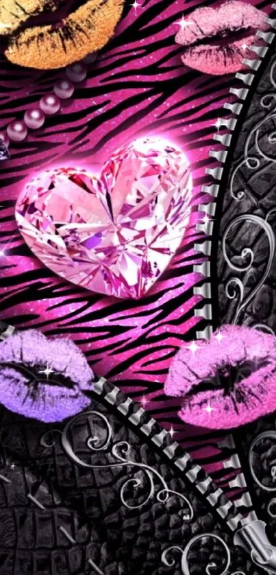 Glamorous pink heart and zebra pattern wallpaper.