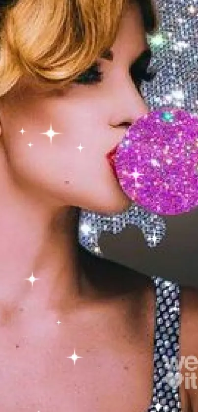 Glamorous woman with glittery bubble wallpaper.