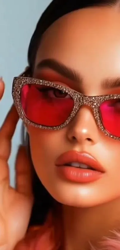 Glamorous woman wearing red sunglasses.
