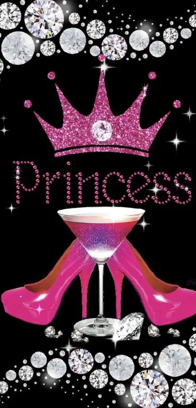 Pink crown and heels with diamonds on black background.