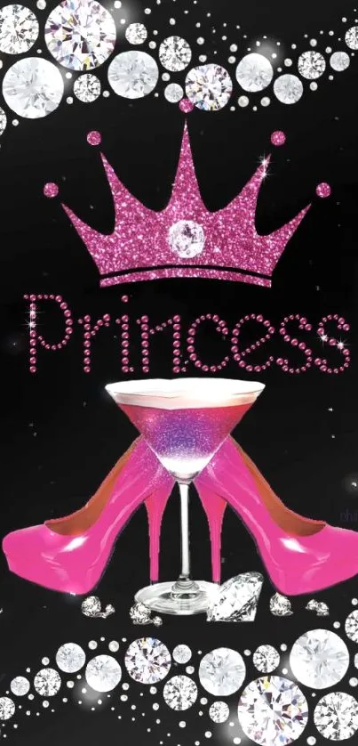 Glamorous pink princess theme with crown and heels.