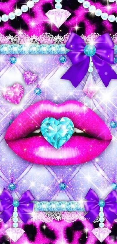 Glamorous wallpaper with purple, diamonds, and bows.