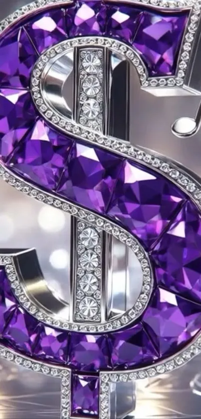 Purple dollar sign with jewels on wallpaper.
