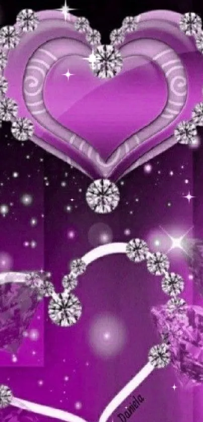 Purple heart wallpaper with diamond-like accents and sparkle effects.