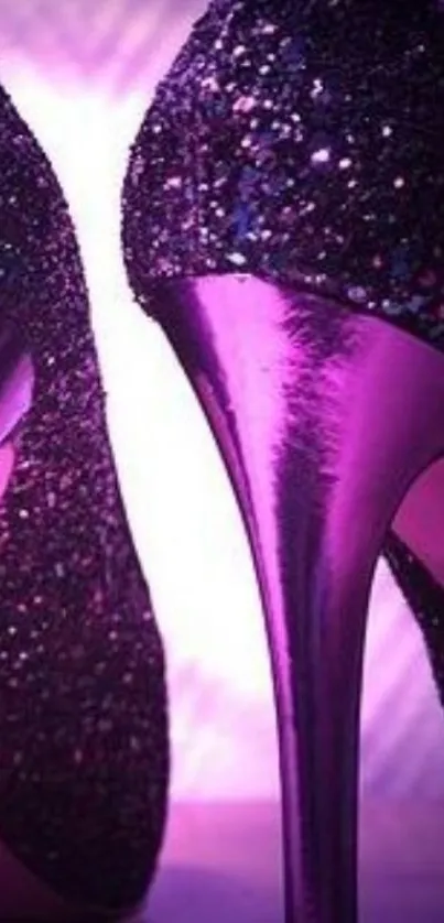 Glamorous purple high heels with sparkle on a stylish background.