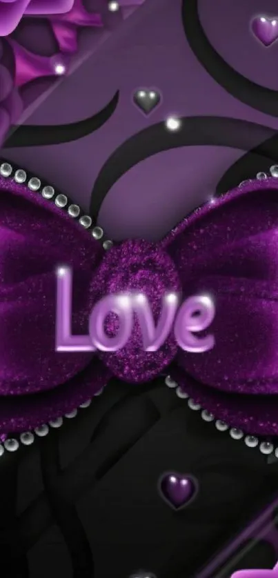 Purple bow with love text and jewels in glamorous style.