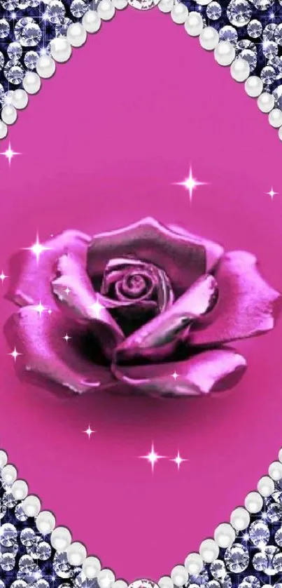 Purple rose with diamond border on a pink background.