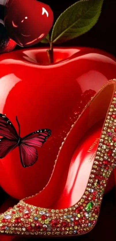 Red apple with jeweled heel and butterfly design.